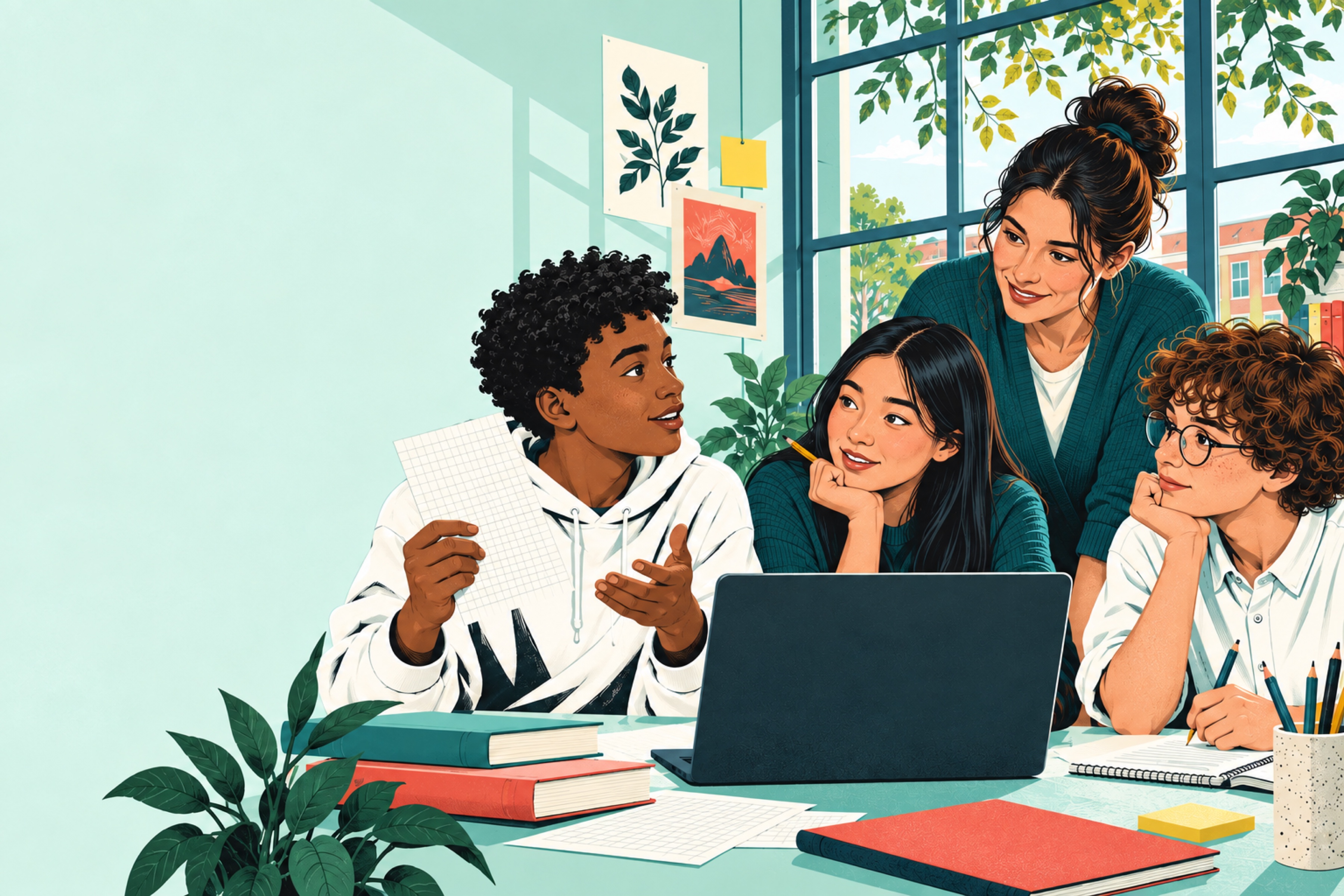 Editorial illustration of students and a teacher discussing an idea around a laptop.