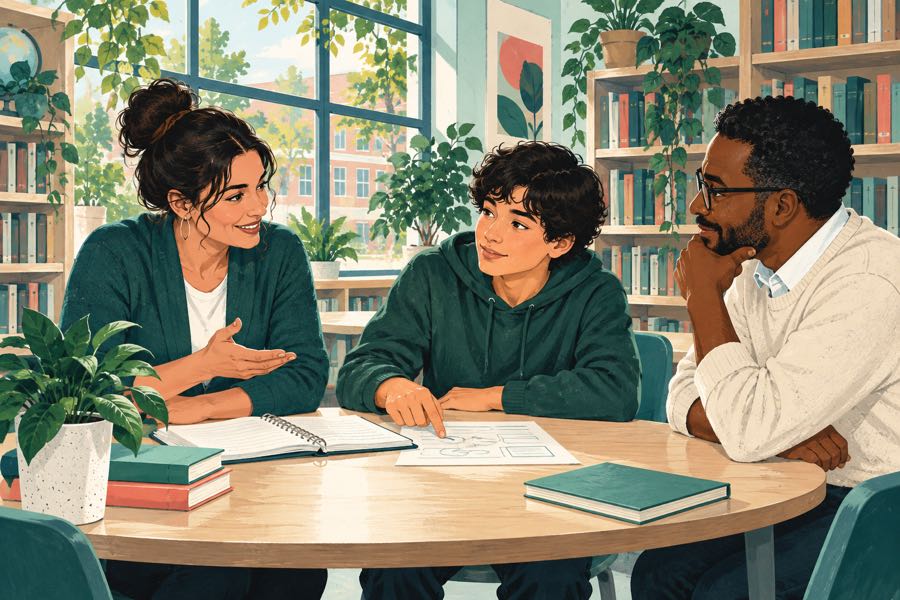 Illustration of a teacher, parent and teenager discussing ideas around a school-library table.